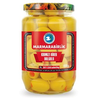 MARMARABIRLIK GROEN OLIJVEN MET PAPRIKA 6X400 GR POT